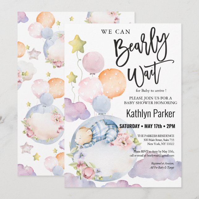 We Can Bearly Wait Boy Teddy Bear Baby Shower Invitation (Front/Back)