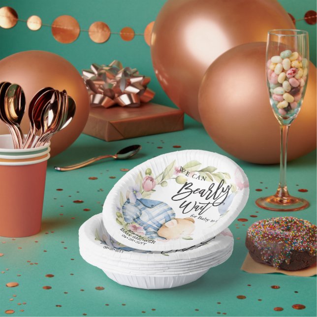 We Can Bearly Wait Boy Teddy Bear Baby Shower Paper Plate (Multi)