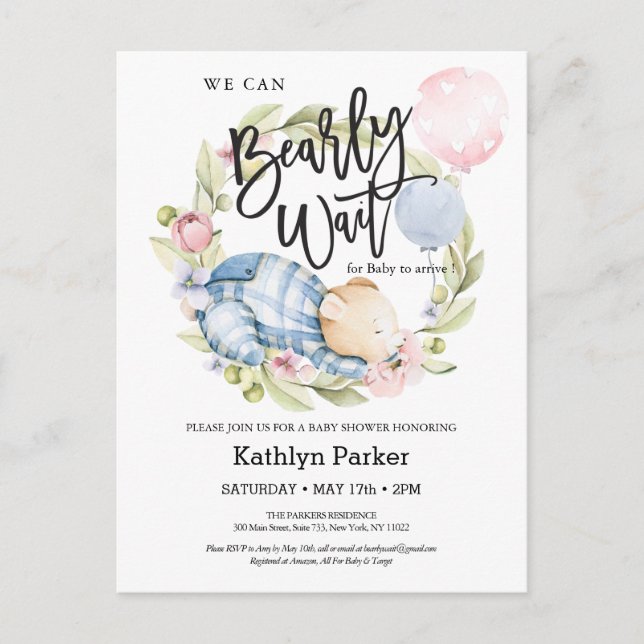 We Can Bearly Wait Boy Teddy Bear Baby Shower Postcard (Front)