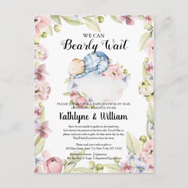 We Can Bearly Wait Boy Teddy Bear Baby Shower Postcard (Front)