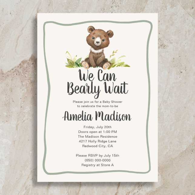 We Can Bearly Wait Calligraphy Rustic Baby Shower Invitation (Creator Uploaded)