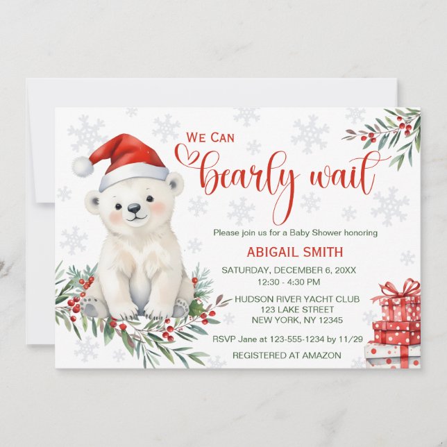 "We Can Bearly Wait" Christmas  Bear Baby Shower Invitation (Front)