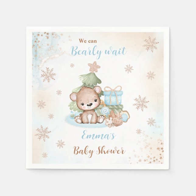 We Can Bearly Wait Christmas Boy Baby Shower Napkin (Front)