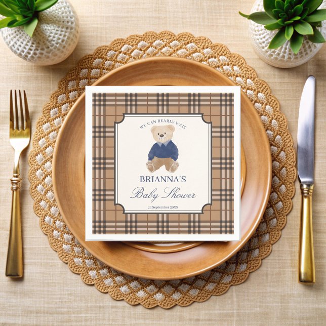 We can bearly wait classic plaid baby shower napkin (We can bearly wait classic brown plaid teddy bear baby shower printed napkins personalized decor)