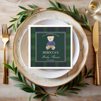 We can bearly wait classic plaid baby shower napkin