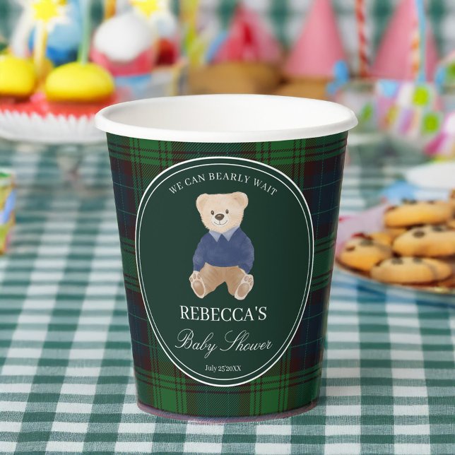 We can bearly wait classic plaid baby shower paper cups (We can bearly wait green plaid  polo teddy bear baby shower personalized paper cups)