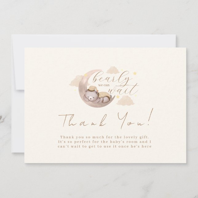 We Can Bearly Wait Cub Bear Moon Star Baby Shower Thank You Card (Front)