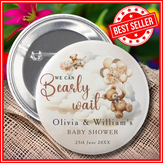 We Can Bearly Wait Cub Brown Baby Shower 2 Inch Round Button (Creator Uploaded)