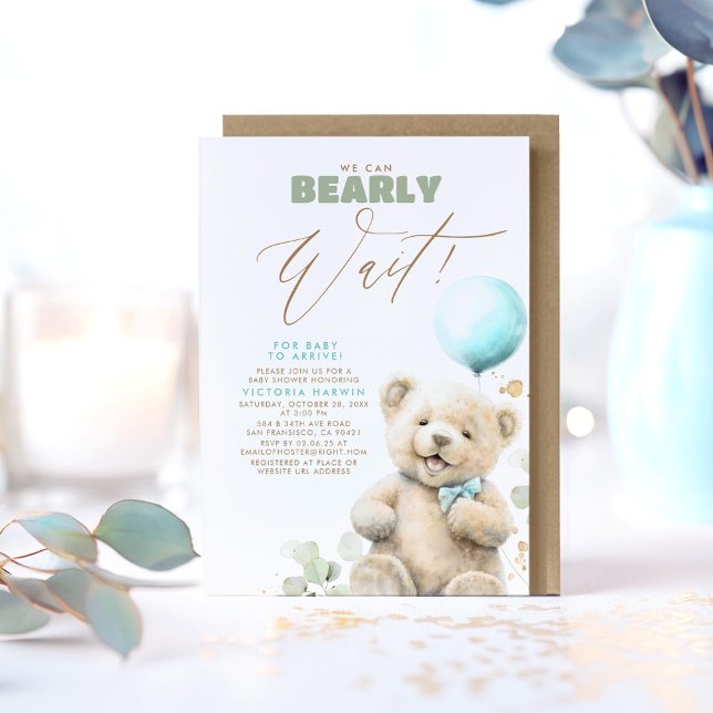 We Can Bearly Wait - Cute Baby Bear Baby Shower Invitation (We Can Bearly Wait - Cute Joyful Little Bear Baby Shower Invitations in Blue, Brown and Green)