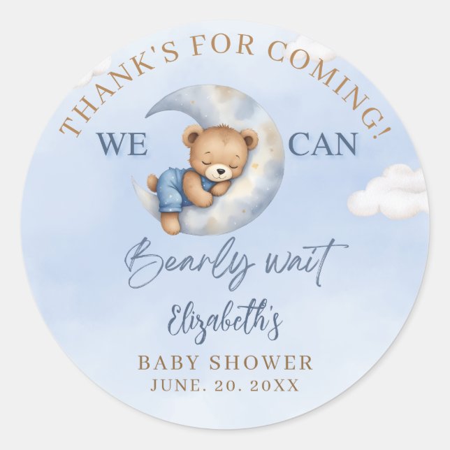 We can Bearly wait - Cute Bear Baby shower boy Classic Round Sticker (Front)
