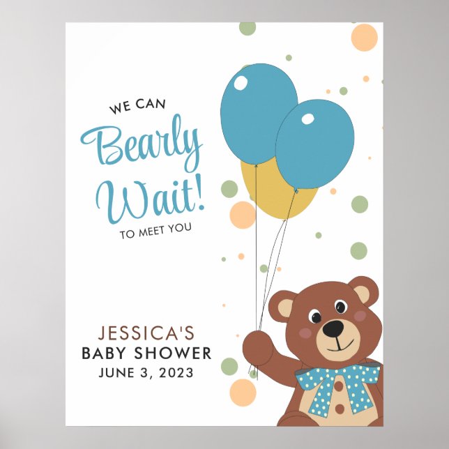 We Can Bearly Wait Cute Bear Blue Baby Boy Shower Poster (Front)