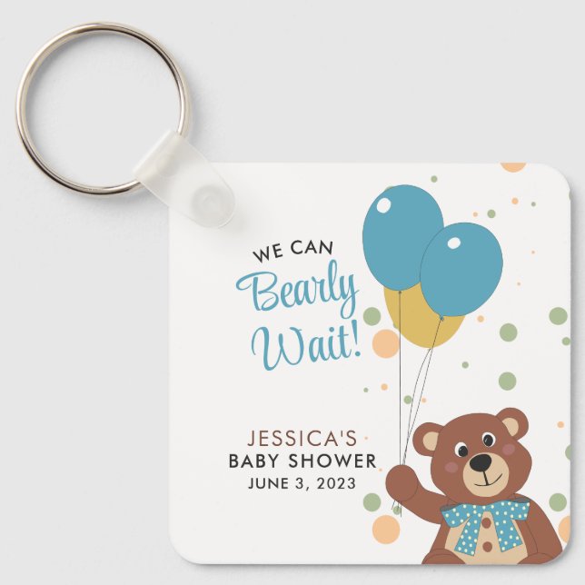 We Can Bearly Wait Cute Blue Baby Boy Custom Name Keychain (Front)