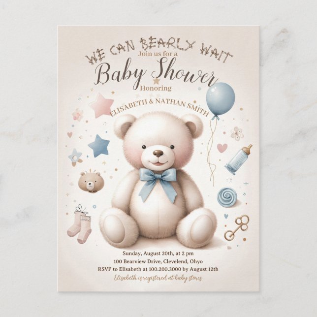 We Can Bearly Wait cute Teddy Bear Baby Shower Postcard (Front)