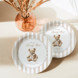 We Can Bearly Wait Elegant Baby Shower Paper Plate<br><div class="desc">Add a touch of vintage charm to your table with this grandmillennial baby shower plate. Featuring soft watercolor stripes,  a classic teddy bear,  and elegant typography,  it’s the perfect blend of sweet and timeless.</div>