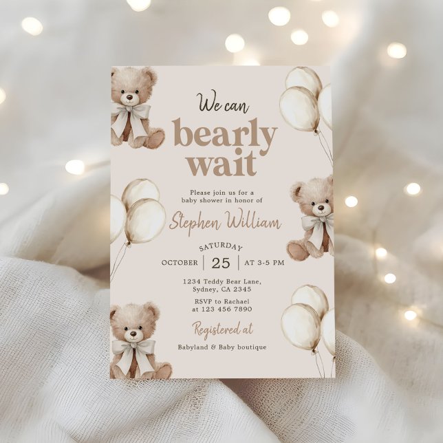 We Can Bearly Wait Elegant Teddy Bear Baby Shower Invitation (Creator Uploaded)