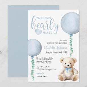 We Can Bearly Wait Eucalyptus Blue Baby Shower Invitation