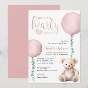 We Can Bearly Wait Eucalyptus Pink Baby Shower Invitation