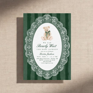 We Can Bearly Wait Evergreen Stripe Baby Shower Invitation