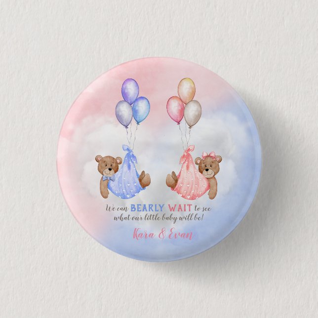 We Can Bearly Wait Gender Reveal Bears Pink Blue 1 Inch Round Button (Front)