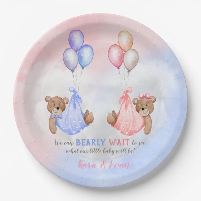 We Can Bearly Wait Gender Reveal Bears Pink Blue Paper Plate (Front)