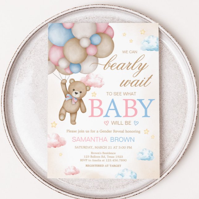 We Can Bearly Wait Gender Reveal  Invitation (Bear Balloon He or She Gender Reveal Invitation)