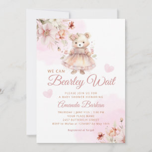 We Can Bearly Wait Girl Teddy Bear Baby Shower Invitation