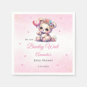 We Can Bearly Wait Girl Teddy Bear Baby Shower Napkin