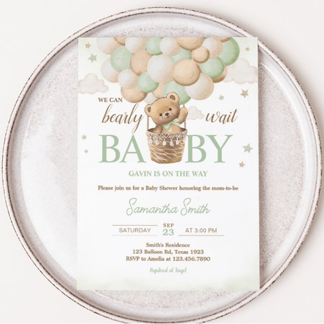 We Can Bearly Wait Green Bear Baby Shower  Invitation (Boho Green Teddy Bear Baby Shower Invitation)