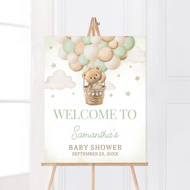 We Can Bearly Wait Green Bear Welcome Poster (Boho Green Teddy Bear Baby Shower Welcome Sign)