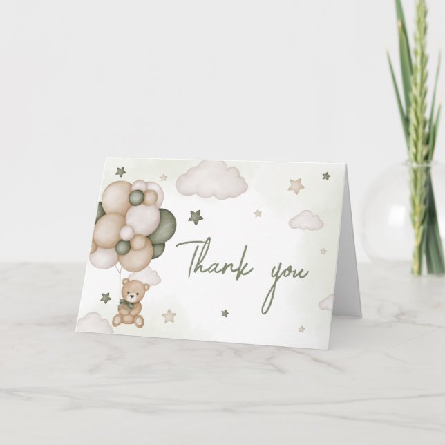 We Can Bearly Wait Green Boho Baby Shower Thank You Card (Front)