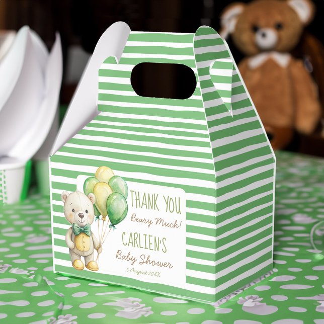We can bearly wait green teddy bear baby shower favor box (We can bearly wait cute sage green teddy bear baby shower personalized favor boxes favor gifts)