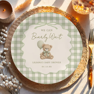 We Can Bearly Wait Green Teddy Bear Baby Shower Paper Plate