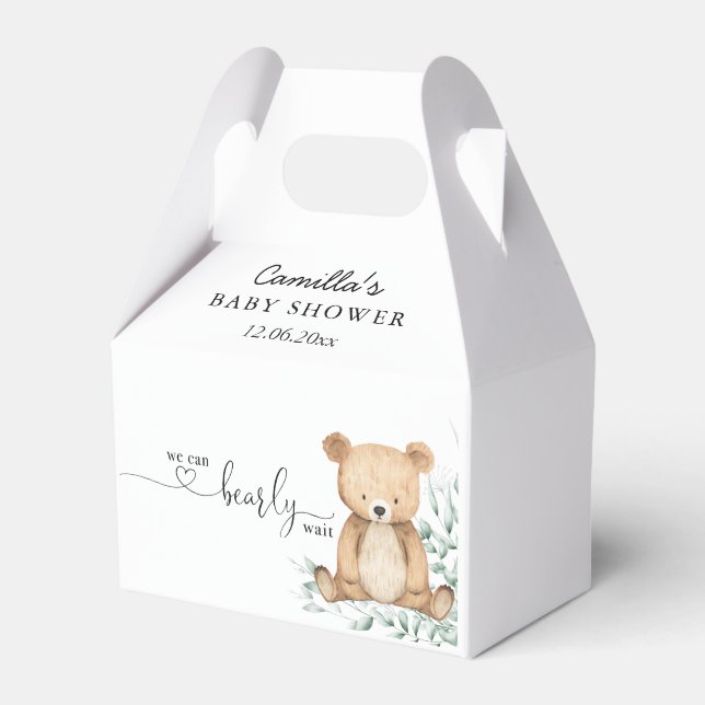 We Can Bearly Wait Greenery Teddy Bear Baby Shower Favor Box (Front Side)
