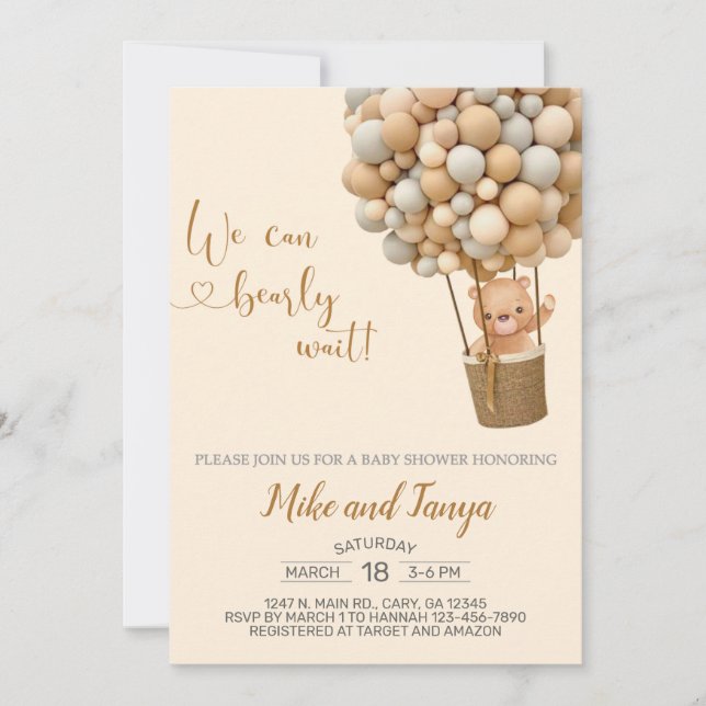 We can bearly wait hot air balloon and bear invite (Front)