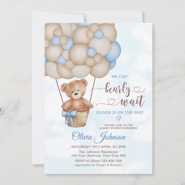We Can Bearly Wait Hot Air Balloon Baby Shower Invitation (Front)