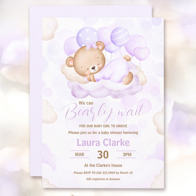 We Can Bearly Wait Lavender Girl Bear Baby Shower Invitation (We Can Bearly Wait Lavender Girl Bear Baby Shower Invitation)