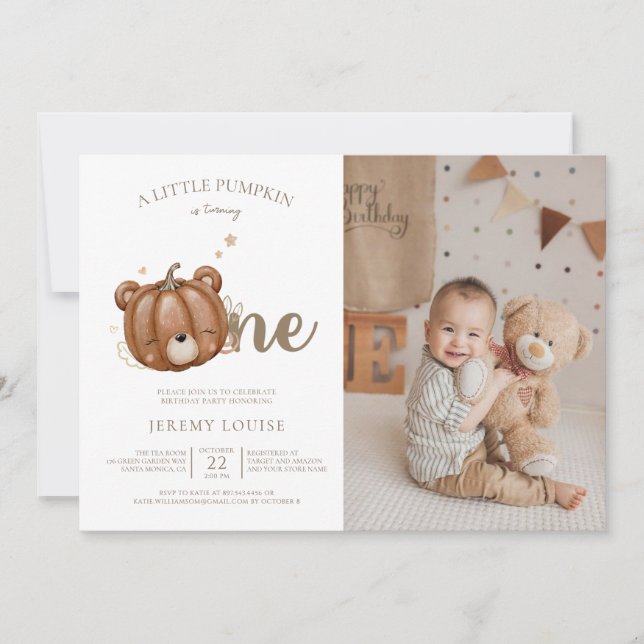 We Can Bearly Wait Little Pumpkin First Birthday Invitation (Front)