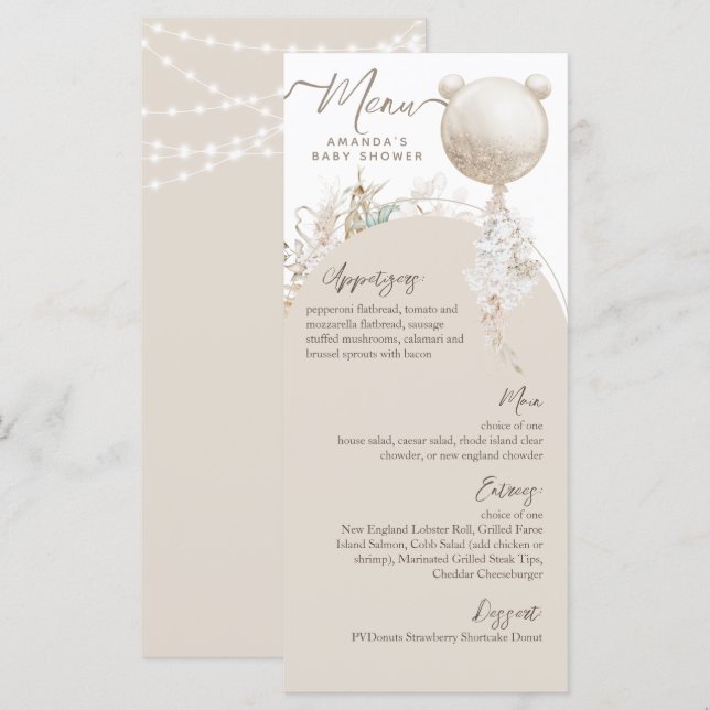 We can bearly wait Modern Boho Baby Shower  Menu (Front/Back)