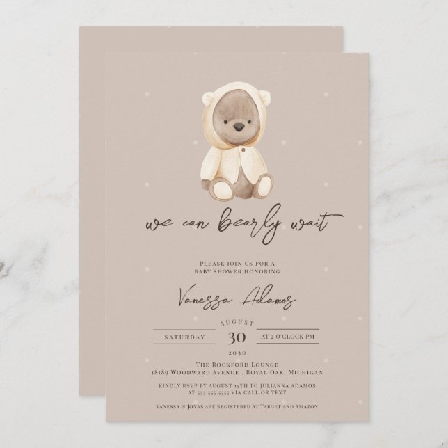 We Can Bearly Wait Neutral Teddy Bear Baby Shower  Invitation (Front/Back)
