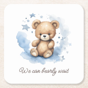 We Can Bearly Wait Pastel Blue Baby Shower Square Paper Coaster
