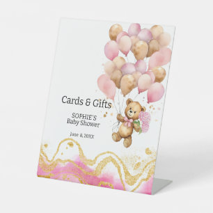 We Can Bearly Wait Pink And Gold Cards & Gifts Pedestal Sign
