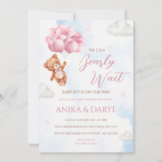 We Can Bearly Wait Pink Baby Shower Invitation