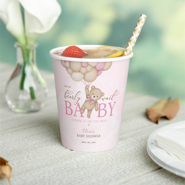We Can Bearly Wait Pink Baby Shower Paper Cups (Insitu)
