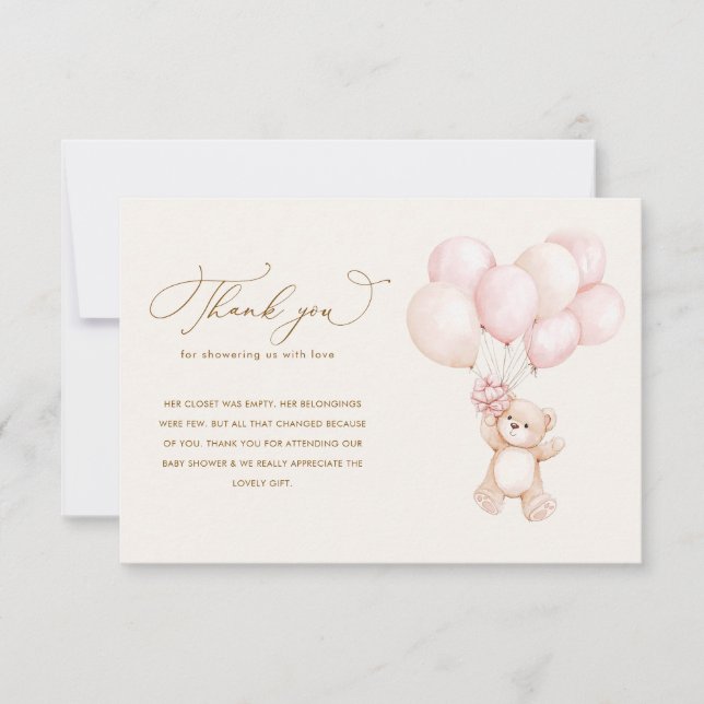 We can bearly wait pink baby shower thank you card (Front)