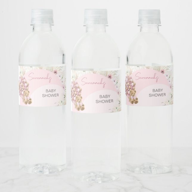 We Can Bearly Wait Pink Baby Shower  Water Bottle Label (Bottles)