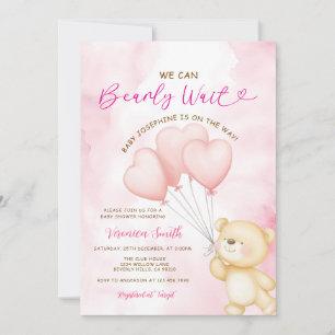 We can bearly wait pink balloon girl baby shower invitation