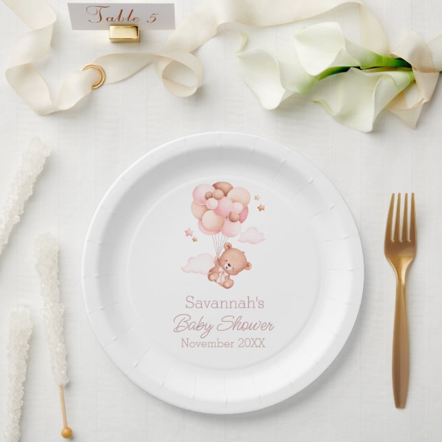 We Can Bearly Wait Pink Balloons Baby Shower  Paper Plate (Wedding)