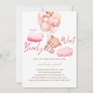 We Can Bearly Wait Pink Bear Baby Shower Invitation
