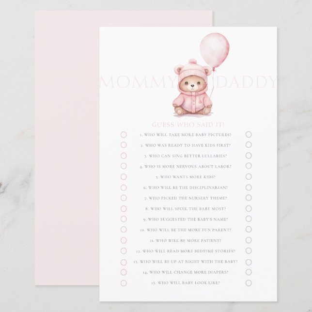 We Can Bearly Wait Pink Bear Girl Baby Shower Game (Front/Back)