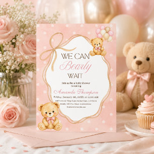 We Can Bearly Wait Pink Bear Girl Baby Shower Invitation